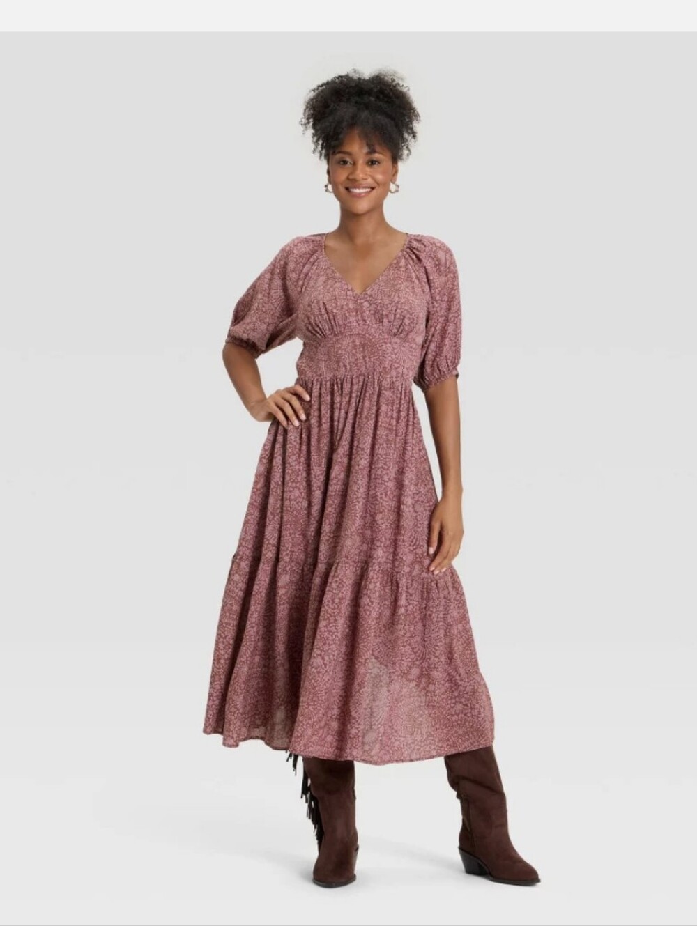 Universal Thread NWT XL Mauve Puff Elbow Sleeve Maxi A-Line Dress Boho Cottage